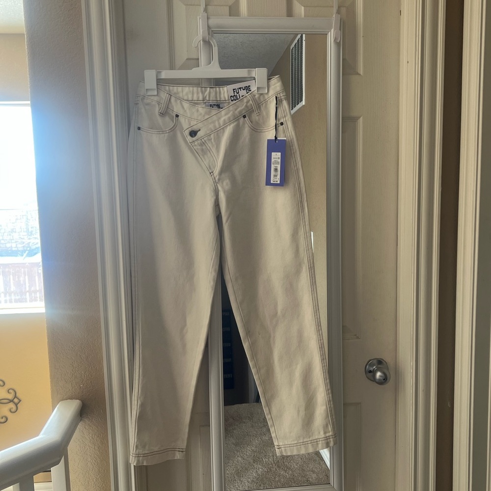 Future Collective Kahlana Brown High Rise Overlap Waist Straight Leg Jeans 0